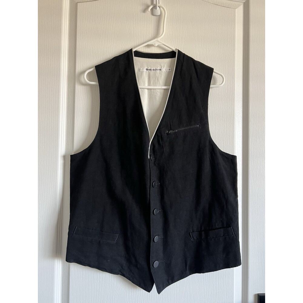 NICE COLLECTIVE Vest Men’s Black/ Dark Green Casual USA Made Sz XL Linen Cotton
